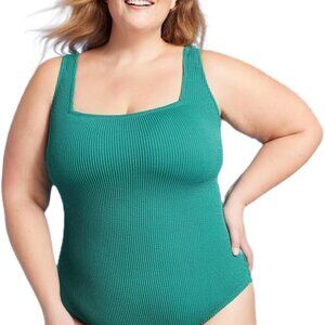 Kona Sol Pucker Textured Square Neck One Piece Swimsuit Teal 14,16,18, 22